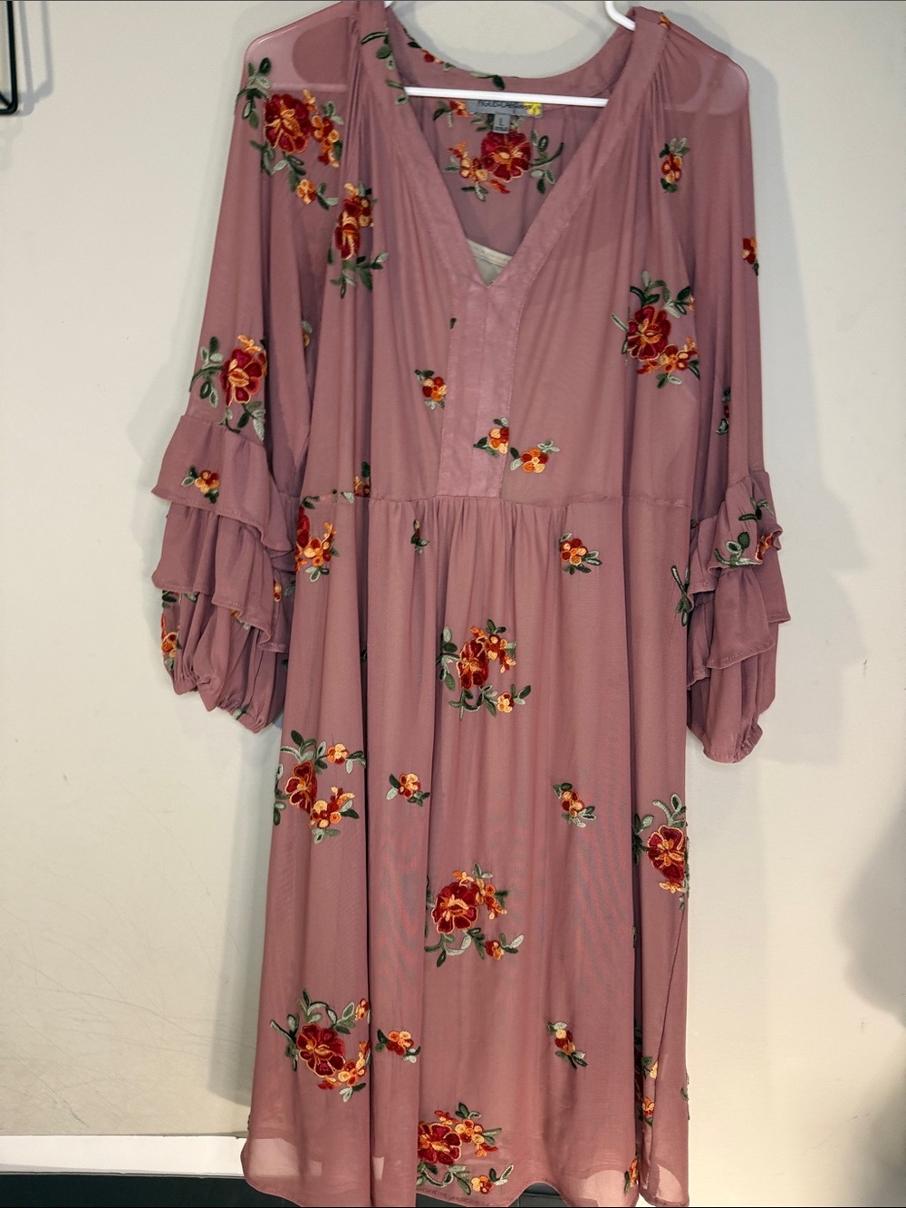 Floral Embroidered Mauve V-Neck Women’s Dress